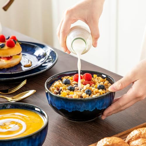Image of vancasso Starry 16 Pieces Dinnerware Set for 4, Reactive Glaze Blue Stoneware Plates and Bowls Set, Dishes Set with Mugs for 4, Microwave & Dishwasher Safe