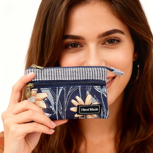 Image of Women Small Zipper Coin Purse, Handmade Fabric Flower Embroidered Change Pouch, Cotton Double Zipper Wallet