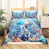Loussiesd Juego de ropa de cama con diseño de pulpo oceánico para niños y niñas, tamaño de cama para cuna, funda de edredón con cremallera de animales oceánicos