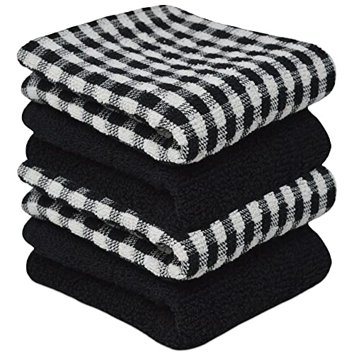 Towelogy® 4 Pack Kitchen Towel Set Monocheck Black 100% Cotton Terry Tea Towels for Drying Dishes Multipurpose Dish Towels