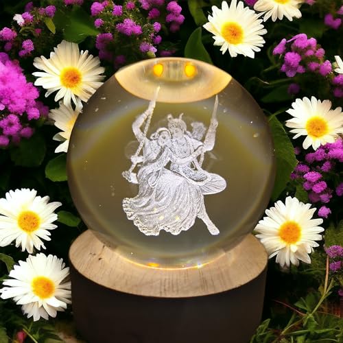 Image of ANTORCHE Radha Krishna Jhula 3D Crystal Ball Warm LED Night Lamp with Wooden Base | Spiritual Home Decor Light | Ideal Gift for Pooja Room, Bedroom & Festivals