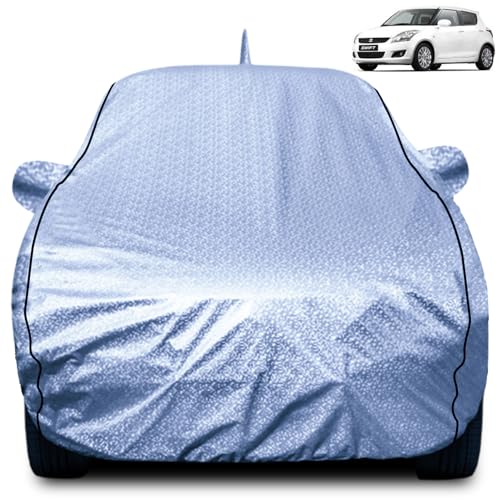Image of FABTEC Metallic Silver Waterproof Car Body Cover for Maruti Swift (2012-2017) Sun, UV and Dust Protection with Mirror and Antenna Pocket (Reflective Silver with Black Piping)