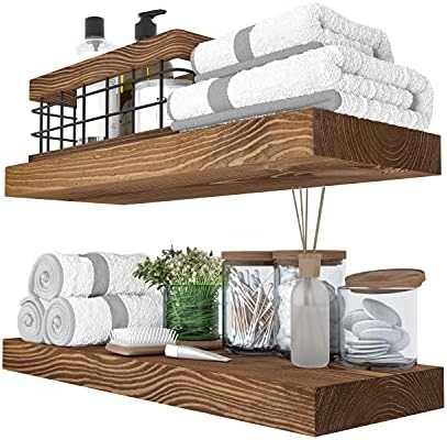 BAOBAB WORKSHOP Floating Wood Shelves Set of 2 - Rustic Shelf 16 inch - Handcrafted in Europe - Wide Wooden Wall Shelves for Living Room Bedroom Kitchen Bathroom Farmhouse - Walnut Color - 16" x 6.7"