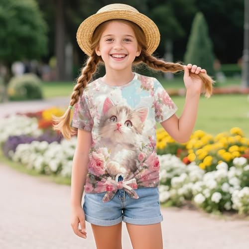 WELLFLYHOM Girls Tee Shirt 5-12 Short Sleeve Summer Top Front Tie Tshirt Crewneck Pullover Blouse Graphic Tunic Top4