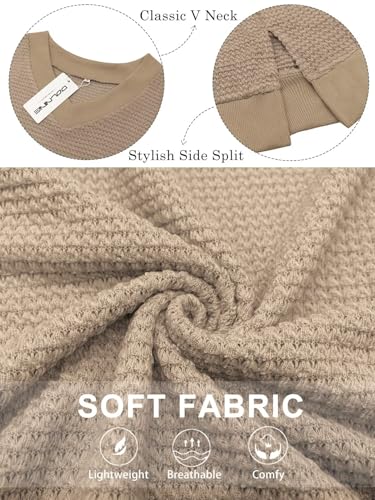 Image of DOLNINE Plus-Size-Tops for Women Casual V Neck Pullover Cute Waffle Knit Lantern Sleeve Sweaters Fashion Side Split Tunics