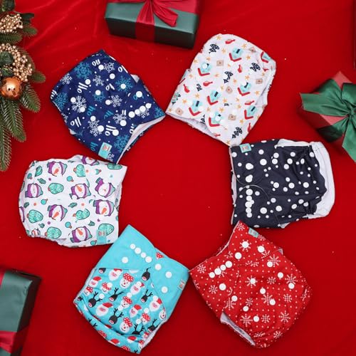Image of ALVABABY Christmas Baby Cloth Diaper 6 Pack with 12 Inserts One Size Cloth Diaper Covers Adjustable Washable Reusable for Baby Girls and Boys