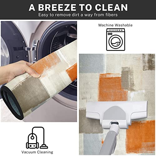 Tayney Orange Abstract Kitchen Rugs And Mats Non Skid Washable Set Of 2, Beige Contemporary Painting Art Kitchen Runner Rug, Modern Brown Grey Under Sink Mats For Kitchen Floor Decor #TOP5