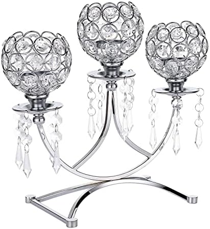 OwnMy 3 Arms Crystal Bowl Tealight Candle Holder Candelabra Votive Candle Stand, 3-Arm Crystal Tea Light Candlestick Candle Centerpiece for Dining Table Wedding Christmas Party Home Decor (Silver)