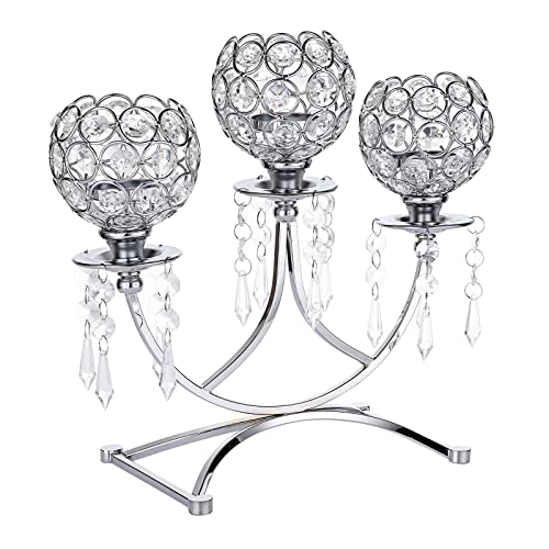 Ownmy 3 Arms Crystal Bowl Tealight Candle Holder Candelabra Votive Candle Stand, 3-Arm Crystal Tea Light Candlestick Candle Centerpiece For Dining Table Wedding Christmas Party Home Decor (Silver) #TOP13