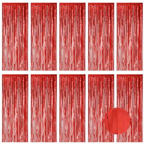 Ohiyoo 10 Pack Red Foil Curtain Backdrop 3.2ft x 9.8ft Metallic Tinsel Foil Fringe Curtains Streamer Backdrop for Birthday Party Halloween Christmas New Year Party Supply (Matte Red)