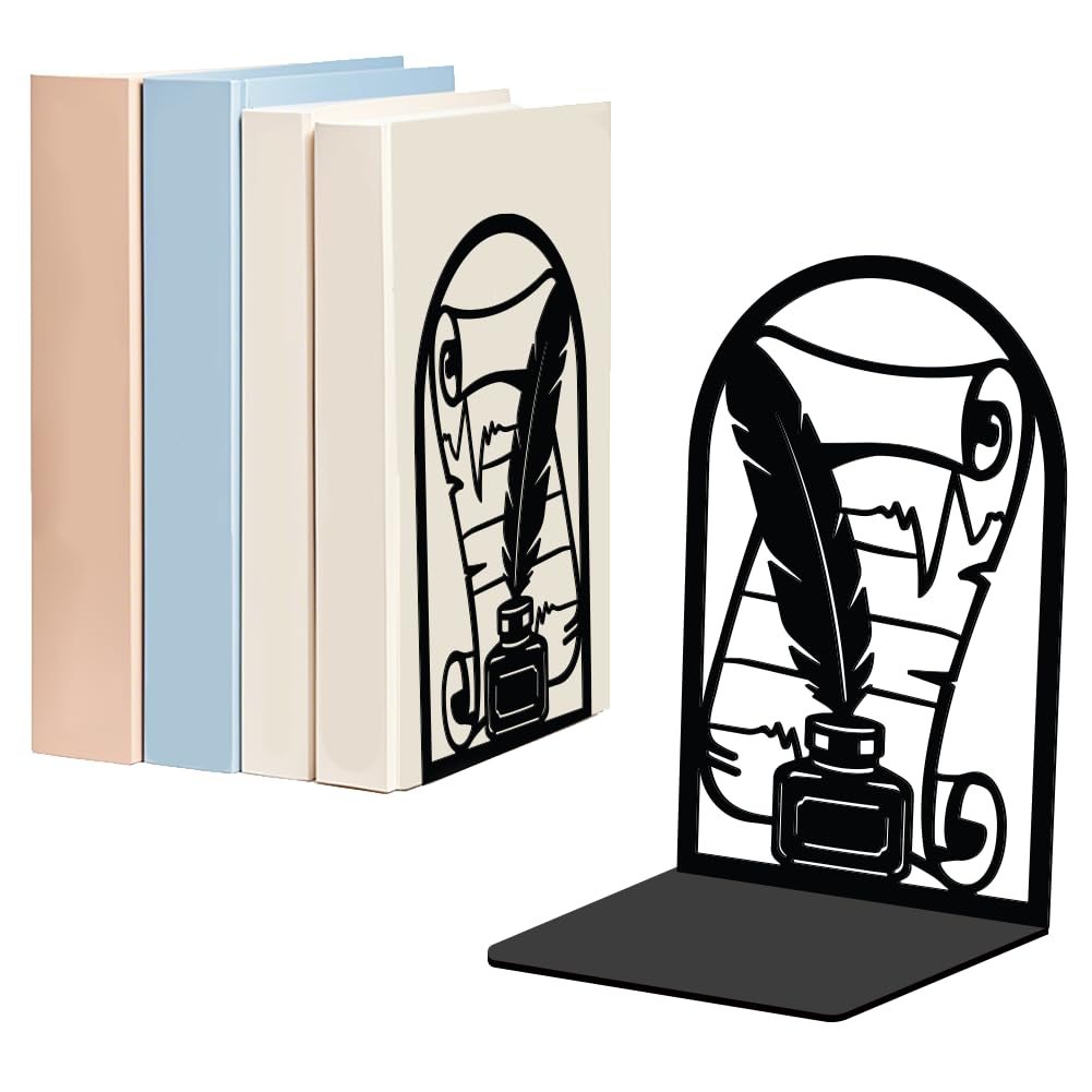 WADORN 1 Pair Quill Pen Metal Decorative Bookend for Shelves, Heavy Duty Book Ends Modern Non-Skid Books Holder Stand Book Support Stoppers for Home Office Desk Bookshelf, 5.3x4.3x7.8 Inch