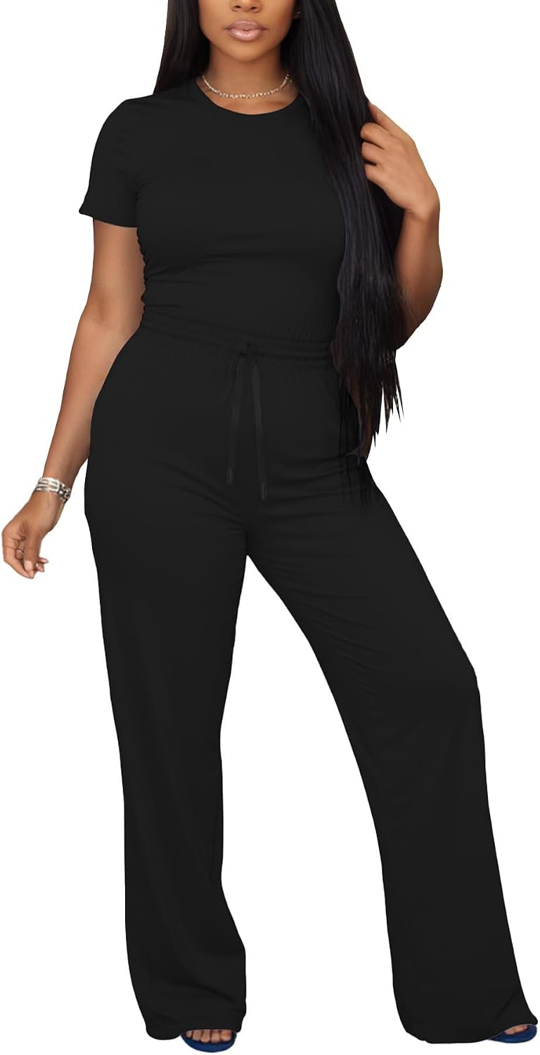 Ulovmi Women's Casual 2 Piece Outfits Short Sleeve Top and Wide Leg Pants with Pocket Loose Fit Lounge Sets Tracksuit