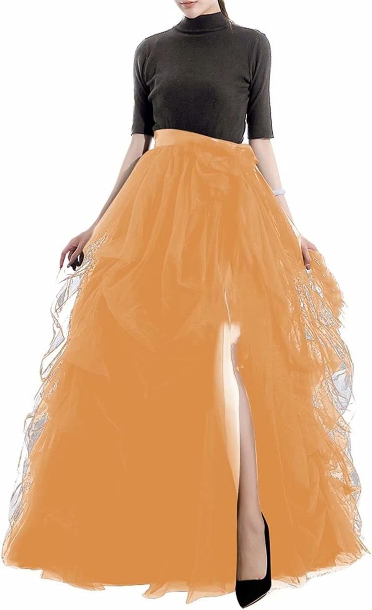 Qmker Women's Long Tutu Tulle Skirt A Line Floor Length Black Special Occasion Night Out fold Skirt