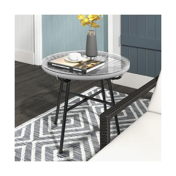 Outsunny Beistelltisch PE-Rattan mit Glasplatte Grau