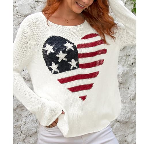 Image of Women American Flag Sweater Loose Vintage USA Sweatshirt Long Sleeve Crewneck Hollow Out 4th of July Jumper