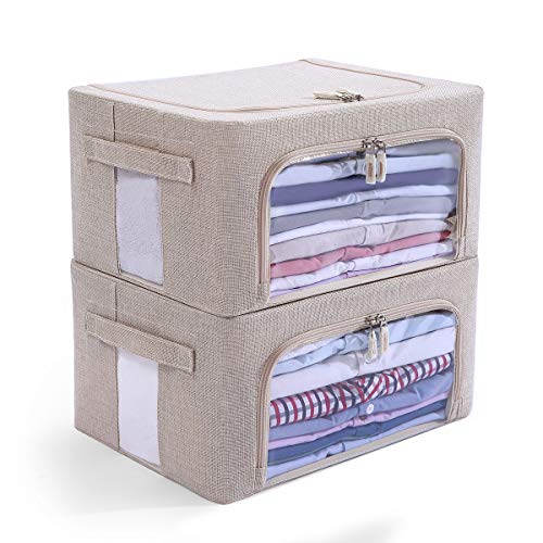 2 Pack Clear Window Storage Bins - Foldable Fabric Storage Bins Boxes for Clothes - Stackable Container Organizer Set with Carrying Handles (Beige, 22L,15.7X 11.8X 7.8 Inch)