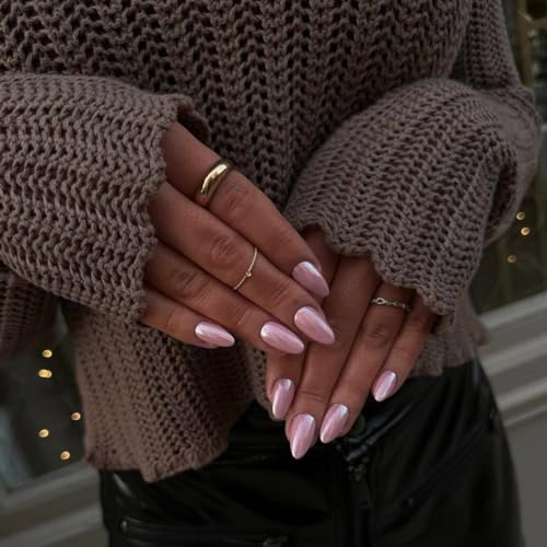 Light Pink Chrome Press on Nails Medium Short Almond, KQueenest...