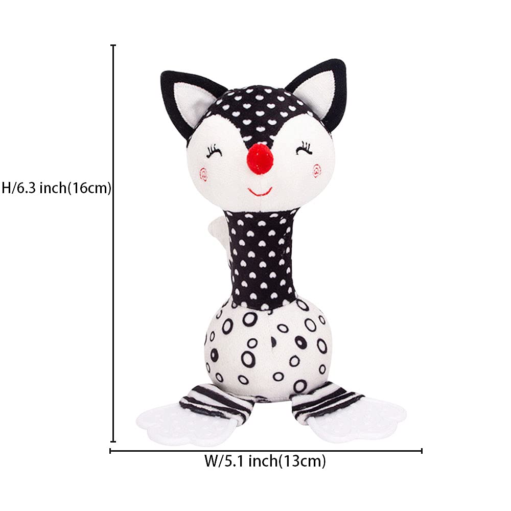 D-KINGCHY Baby Toys 0-12 Months, Black and White Newborn Toys, Soft Plush Rattle Stuffed Animal Toy with Teether and Sound, Developmental Hand Grip Toys (Fox)