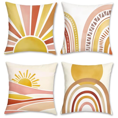 Bonhause Abstract Boho Cushion Covers 45 x 45 cm Boho Sun Rainbow Decorative Pillow Covers for Sofa Couch Bed Home Garden Patio Decor Set of 4