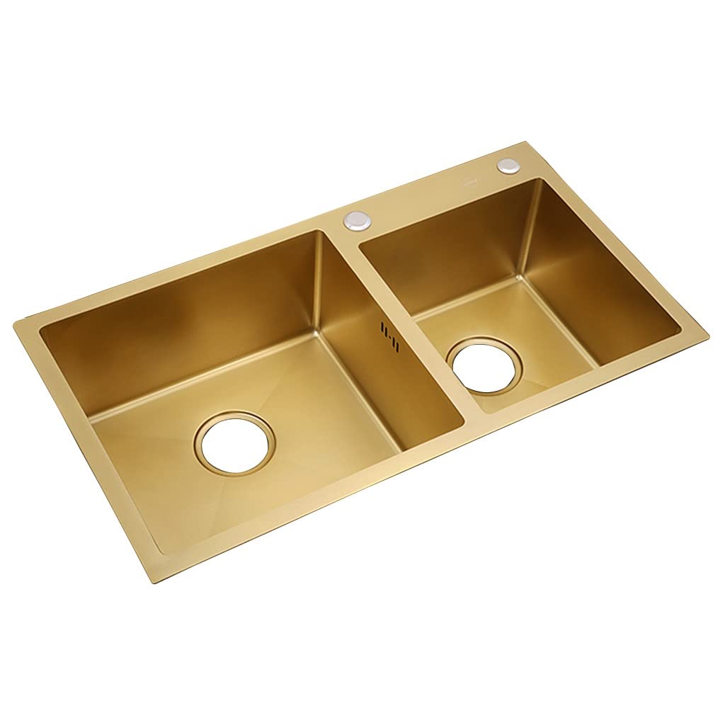 ZQFHSX Kitchen Sinks Golden, ​Bar Prep Sink, 304 Stainless Steel Deep Double-bowl Sink Basin，Gold Drop-In Or Undermount Installation (Color : Gold, Size 80x45cm)
