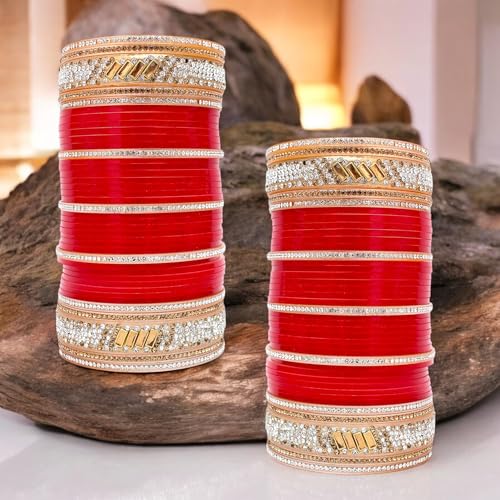 Image of Lucky Jewellery Bridal Bangle Set Dhanteras /Diwali /Bhai Dooj Collection Red Chuda Acrylic Dulhan Choora Wedding Punjabi Chura For Women (1353-G1C1-2701-R)