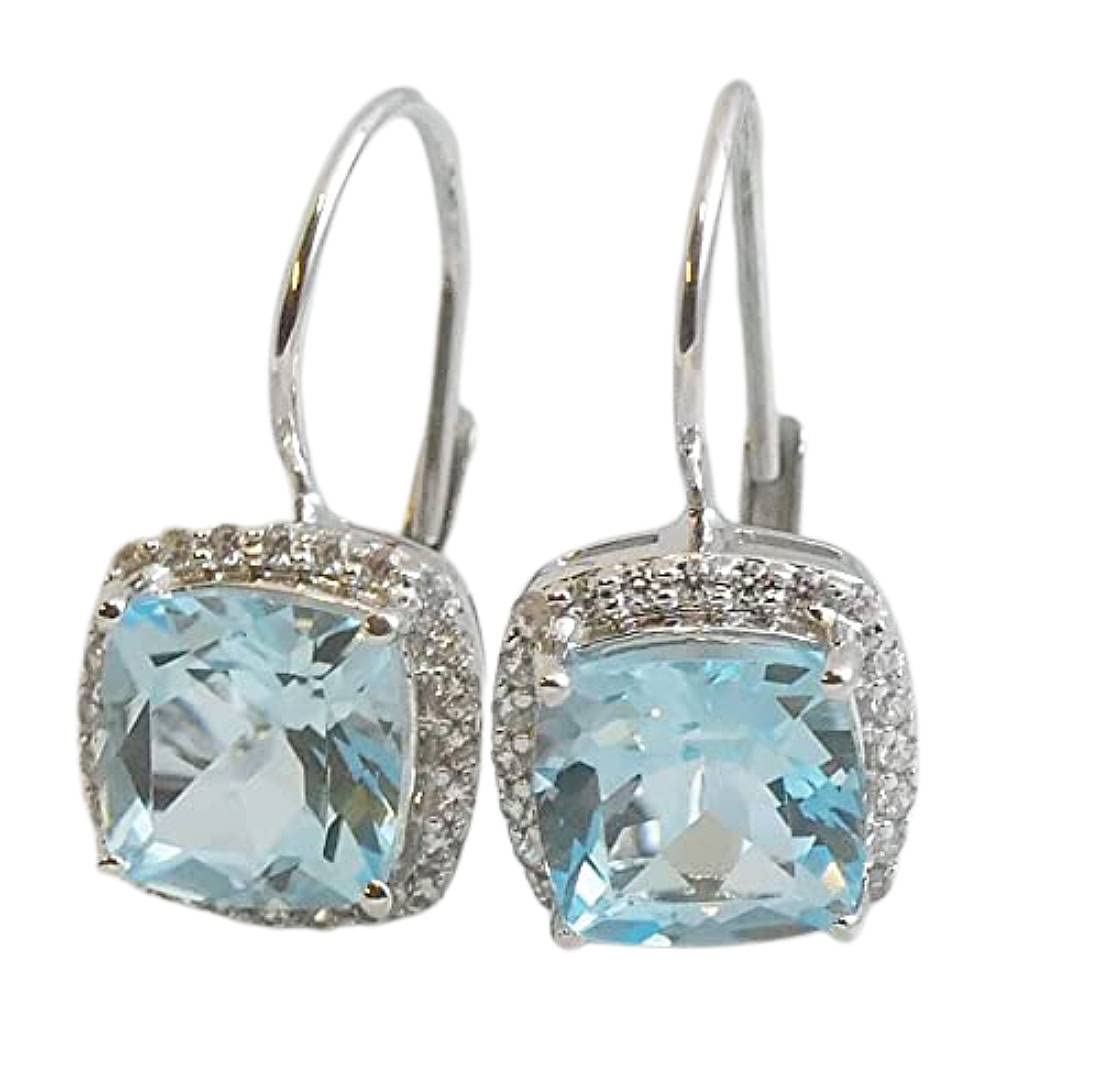 Blautopas Ohrhanger 925 Sterling Silber (Silber) | Kissenschliff Edelstein mit Zirkonia Halo - Handverlesener Naturstein - Geschenkidee fur Frauen - Designed in Norwegen