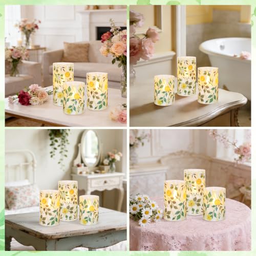 Image of Flameless LED Candles with Remote Control and Timer, Yellow Flower Green Grass Design, Glass Pillar Candles, Set of 3