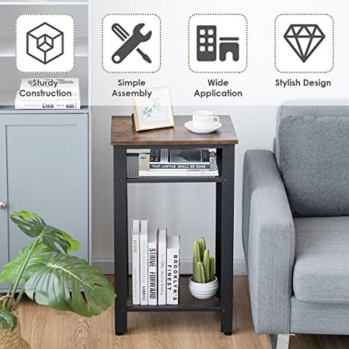Multigot Sofa Side Table, 3-Tiers Industrial Storage Organiser Display Stand with Metal Mesh Shelves, Nightstand End Table for Living Room Bedroom Office