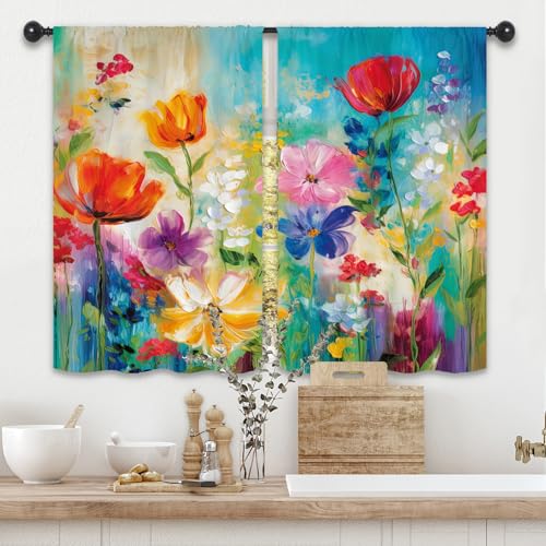 Kalmico Colorful Flower Kitchen Curtains 27.5W x 39L Inch Blossom Plant Oil Painting Art Rod Pocket Short Small Window Treatment Drapes Decor 2 Panels