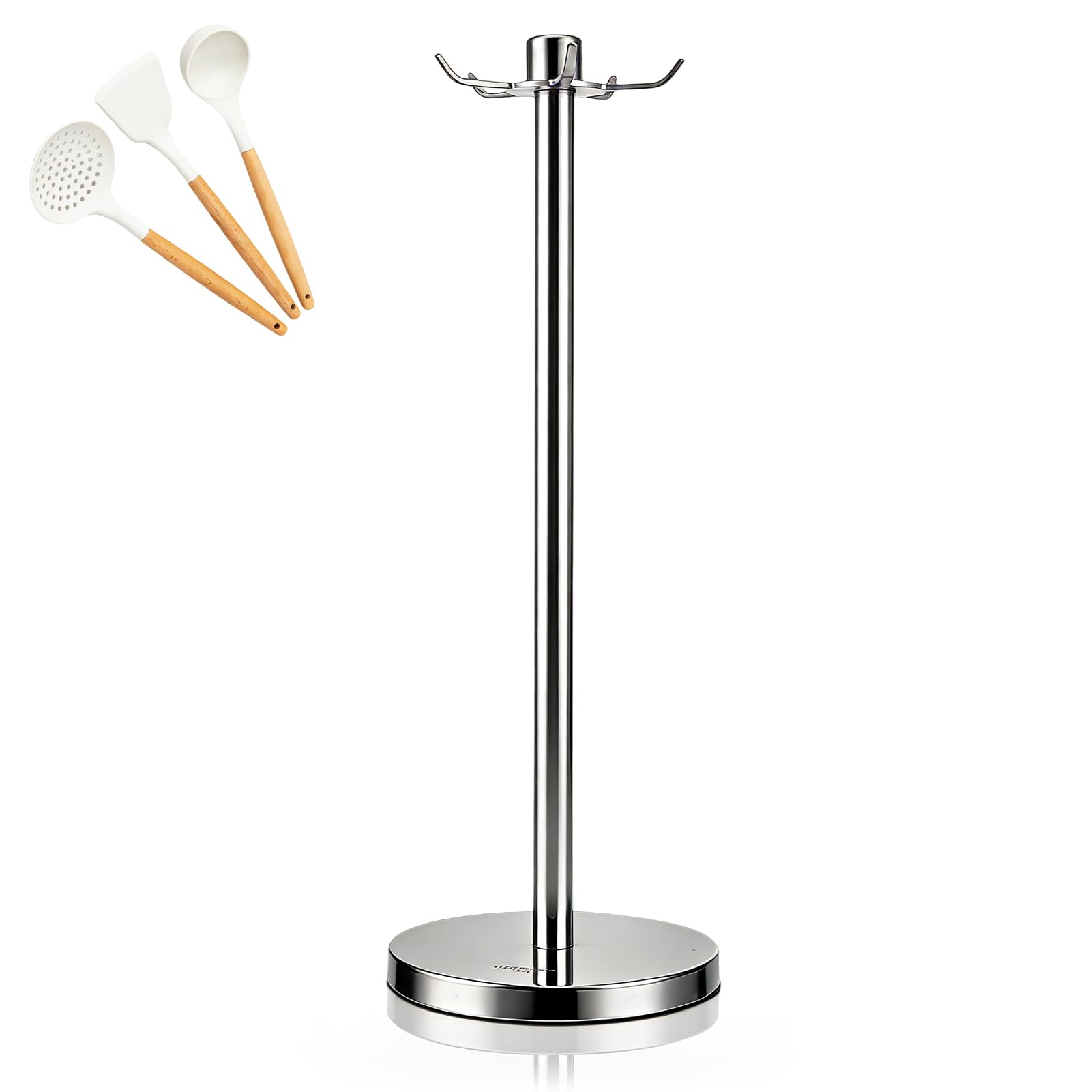 Cyrank Edelstahl-Utensilienhalter-Organizer für Küchentheke, Utensilien-Aufhänger-Ständer, 360 Grad drehbarer Utensilienständer, Pfannenwender, Löffel, Suppenkelle