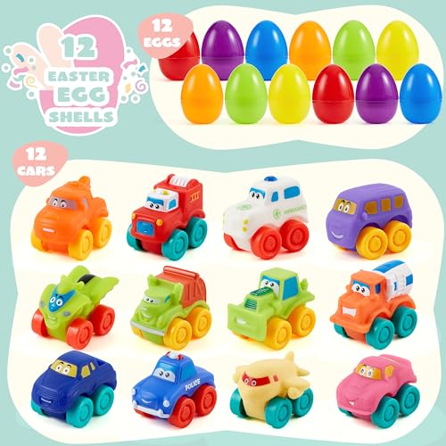 JOYIN 12 Pcs Prefilled Easter Eggs with Toys, Plastic Easter Eggs with Rubber Cars, Easter Basket Stuffers, Easter Theme Party Favors for Toddlers and Kids, Easter Egg Hunt, Classroom Prize Supplies - Image 3