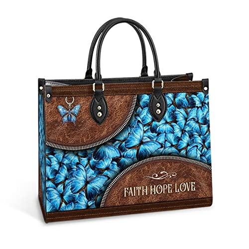 64HYDRO Faith Hope Love Blue Butterfly Women Handbag Shoulder Bag - Travel Work Leather Bag - NNRZ15