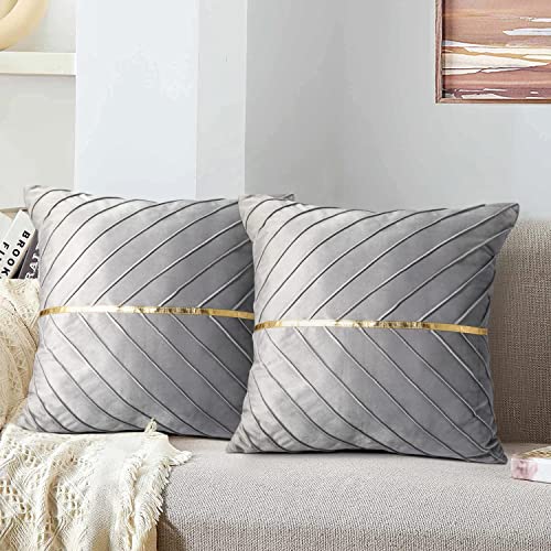 Tosleo Gray Velvet Throw Pillow Covers 18x18 inch Pack of 2 with Gold Leather Decorative Couch Pillowcases Luxury Modern Pillow Cases for Living Room Bedroom Sofa Cushion Bed 45 x 45 cm - Image 3