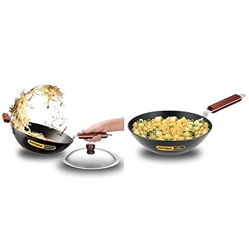 Hawkins Futura Non-Stick Stir-Fry Wok (with Stainless Steel lid) 3 L, 28 cm, 3.25 mm and Futura Hard Anodised Flat Bottom Deep-Fry Pan 2.5 Litre L20