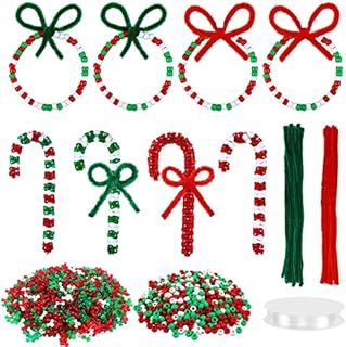 SelfTek 1350 Pcs Christmas Beaded Ornament Kit, 800Pcs Xmas Tri Beads, 500Pcs Pony Beads, 50Pcs Chenille Stems (Red and Green) and 6m Elastic String for DIY Bead Christmas Tree Hanging Decoration
