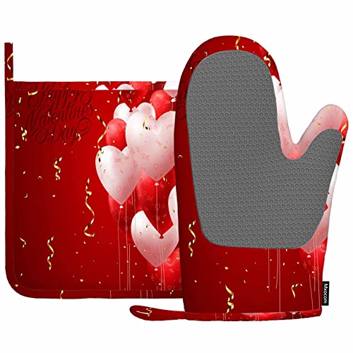 Mxocom Red Hearts Balloons Oven Mitts and Pot Holders Sets Valentine's Day Love Backdrop Silicone Heat Resistant Kitchen Oven Gloves Pot Holder for Cooking