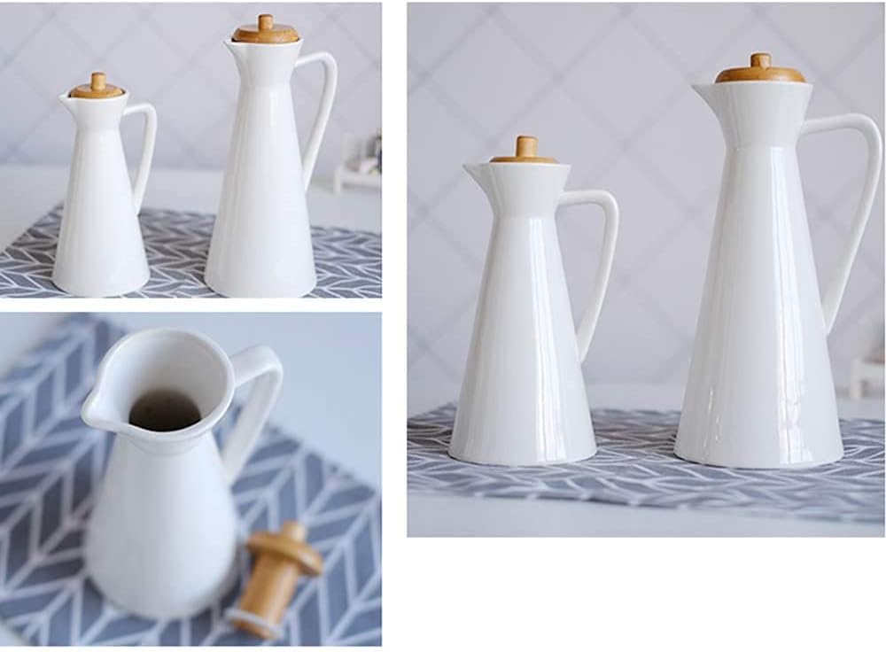 IGZVMBO Vinegar Bottle Anti-Leakage Olive Oil Dispenser Bottle Ceramic White Oil Bottle with Sealed Bamboo Cover Soy Sauce Vinegar Cruet