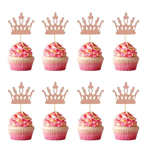 Arthsdite 24 Pcs Princess Crown Cupcake Toppers Princess Cake Pick Decorations for Wedding Girl Birthday Baby Shower Party Decorations - Rose Gold Glitter