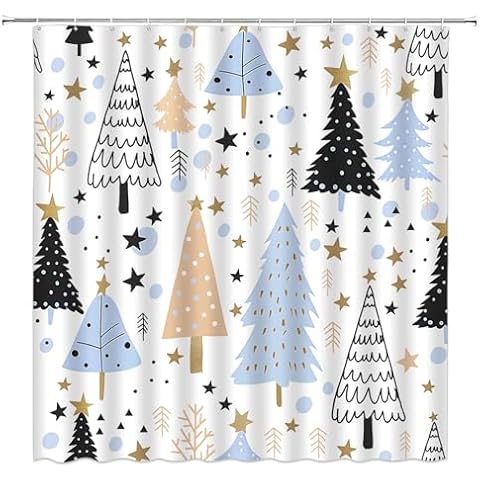DSMEUE Christmas Shower Curtain Xmas Tree Pine Forest Snowflake Star Winter Holiday Festival Blue Black Brown Fabric Curtain with Hooks for Bathroom Decor,70x70 Inch Cover