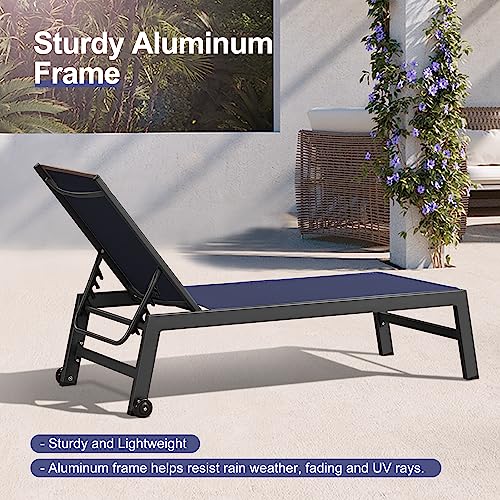 Image of PURPLE LEAF Patio Lounge Chairs Set of 2 with Wheels, Adjustable, Navy Blue | Rolling Wheels for Move, Quick-dry Breathable Textilene, Rustproof Aluminum Frame, UV-Blocked, Easy-Clean, Non-Slip Feet