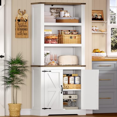 Image of TEENFON 70.9in Tall Storage Cabinet with Adjustable Shelves, Kitchen Pantry Cabinet with 2 Barn Doors, 5 Tiers Farmhouse Bookcase for Living Room, Kitchen, Home Office, Bedroom, White