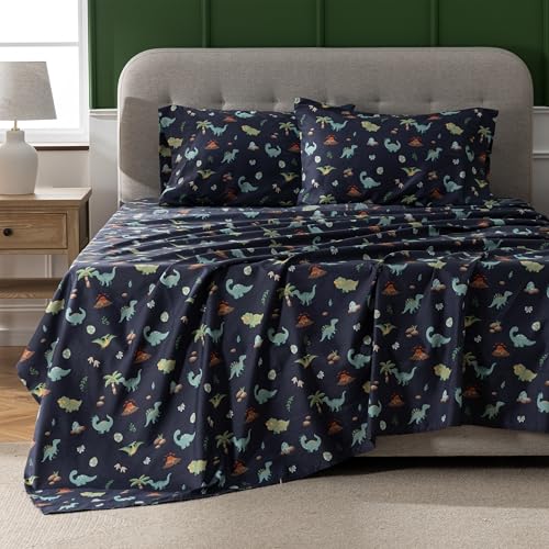Sushing Cartoon Printed Brushed Microfiber Bedding Set – Ultra Soft 85GSM Cozy Sheet and Pillowcase Set, Lightweight Bedding with Animal Pattern for All Ages, Machine Washable(Queen, Dino)