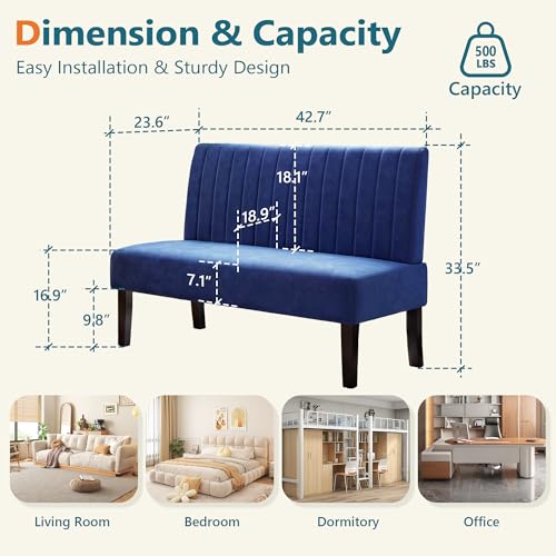 Image of STHOUYN Armless Accent Chair Loveseat, Small Sofa, Navy Blue Velvet, Modern | STHOUYN Oversized Slipper Chair for Living Room Bedroom Corner Side, Decorative Vanity Bench