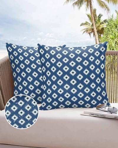 OComster Outdoor Pillow Covers Waterproof, Boho Blue Texture Farmhouse Throw Pillowcase Decorative Cover, Abstract Geometric Garden Cushion Case Set of 2 for Sofa, Couch, Tent, Patio 16