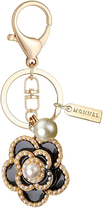 Womens Zinc Alloy Metal Camellia Flower Charm Pendant Lobster Clasp Key Ring Keychain ZM131 Black