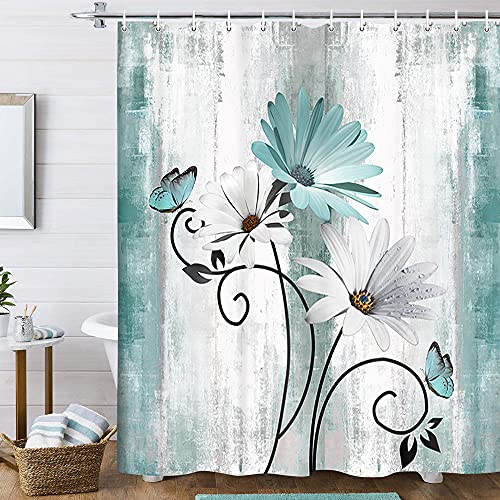 VeiVian Rustic Farmhouse Shower Curtain Farm Teal Daisy Floral Flowers and Butterfly on Country Wooden Shower Curtain for Bathroom Turquoise Blue with 12PCS Hooks 70X70IN