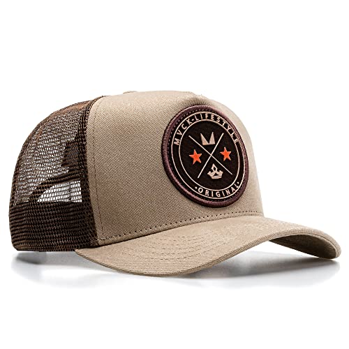Boné Trucker Mvck Brasão Marrom e Areia Aba Curva