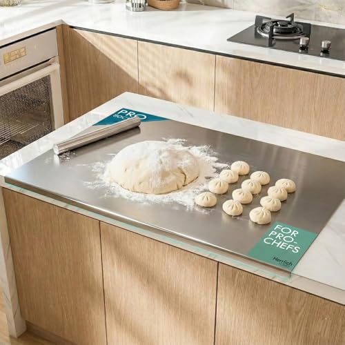 Image of Herrlich Homes 304 Stainless Steel Chopping Board with Lip for Kitchen| Free Rollin Pin |Counter Top | Rust Proof | Easy to use| Round Edge| For Cutting Vegetables, Meat,Fish,Fruits | 2XL | 80 X 50 cm