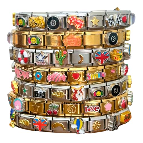Present Realm Custom Italian Charm Bracelet, 18 Unique Vintage Y2K Charms Stainless Steel Silver or Gold Bracelet for Women and Men, 1 Bracelet Fully Assembled & Ready to Wear