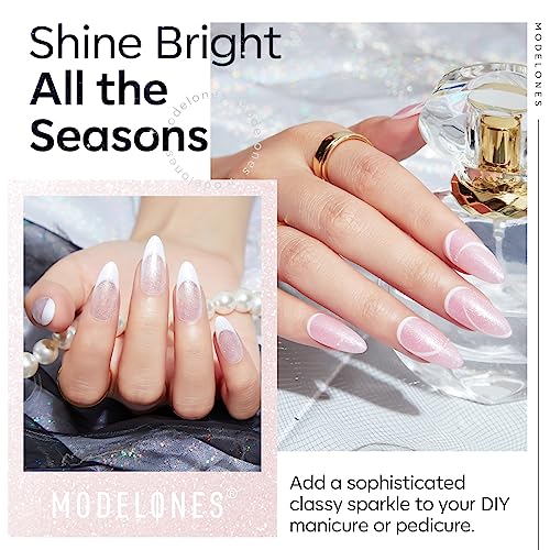 Image of modelones Glitter Gel Top Coat, Ultra Fine White Aurora Clear Glitter Gel Polish Glossy Sparkle Finish Long Lasting Soak Off Pearlescent Shimmer Manicure Nail Art Gift for Women Girls